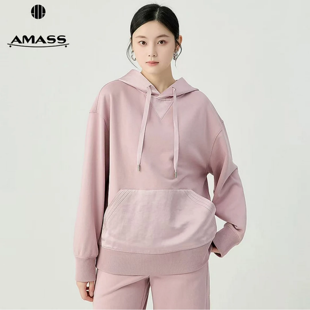 阿玛施AMASS新款拼接缎面质感落肩宽松时尚百搭连帽卫衣5301096