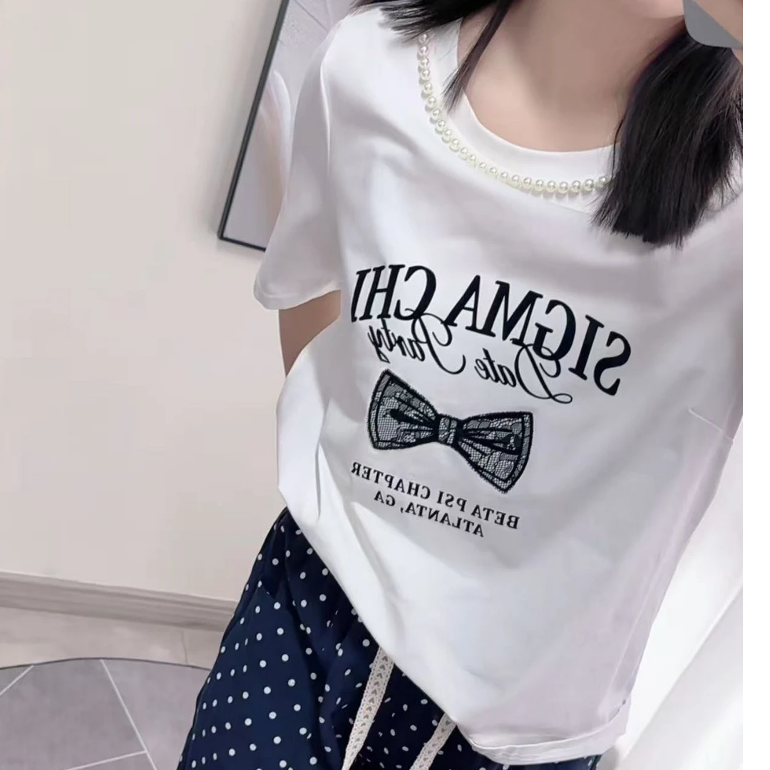 【胖淼淼】通勤印花珍珠短袖-91581