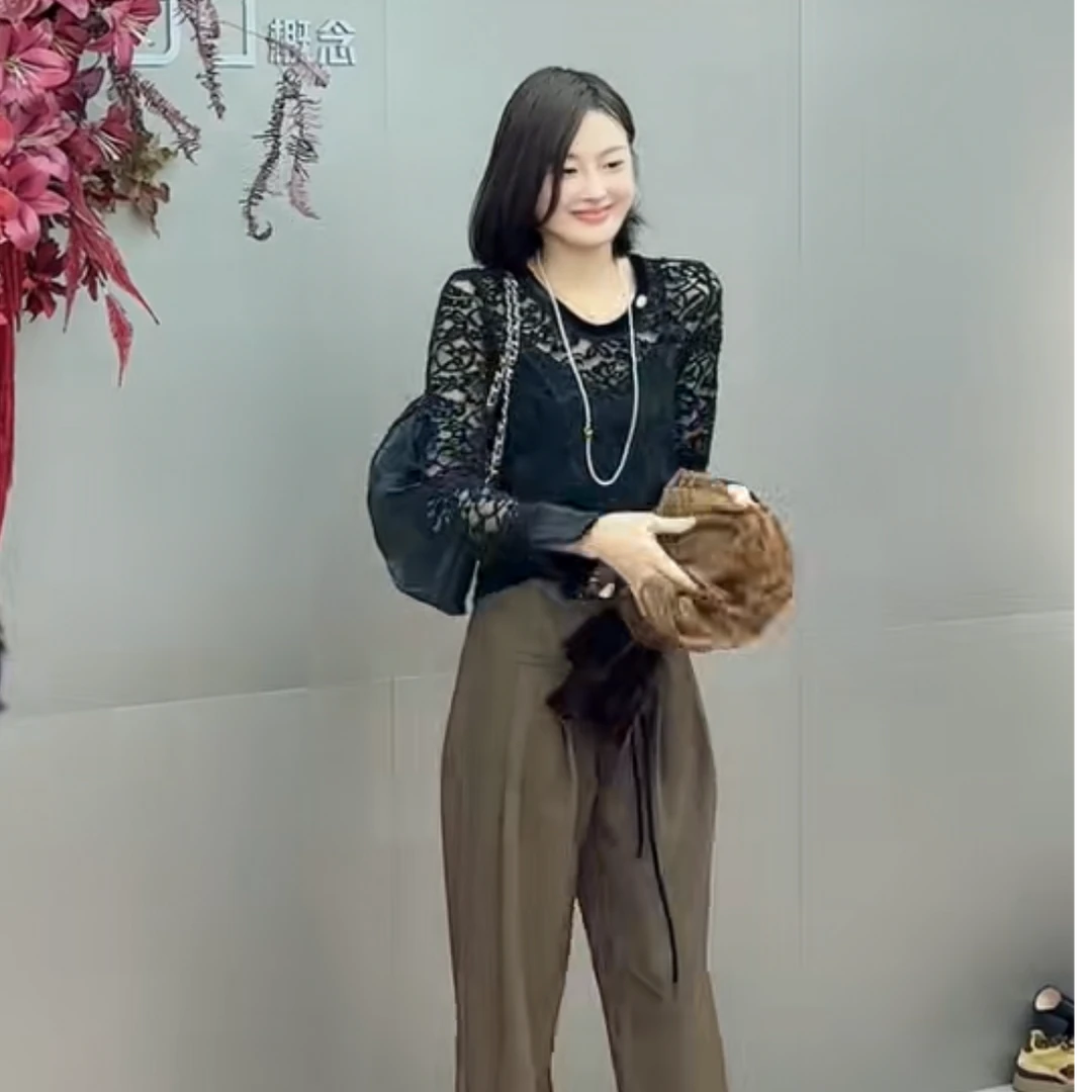 KIKI严选：38804-丽家欧货南油秋季新款蕾丝提花丝绒长袖小衫