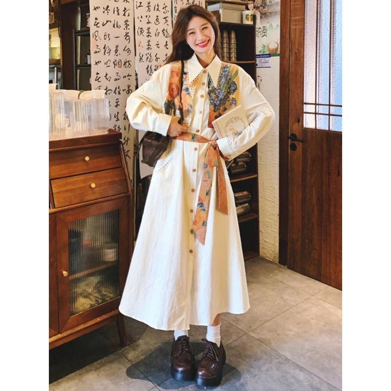 2025初秋新款时尚设计感新中式印花拼接假两件时尚百搭长袖连衣裙