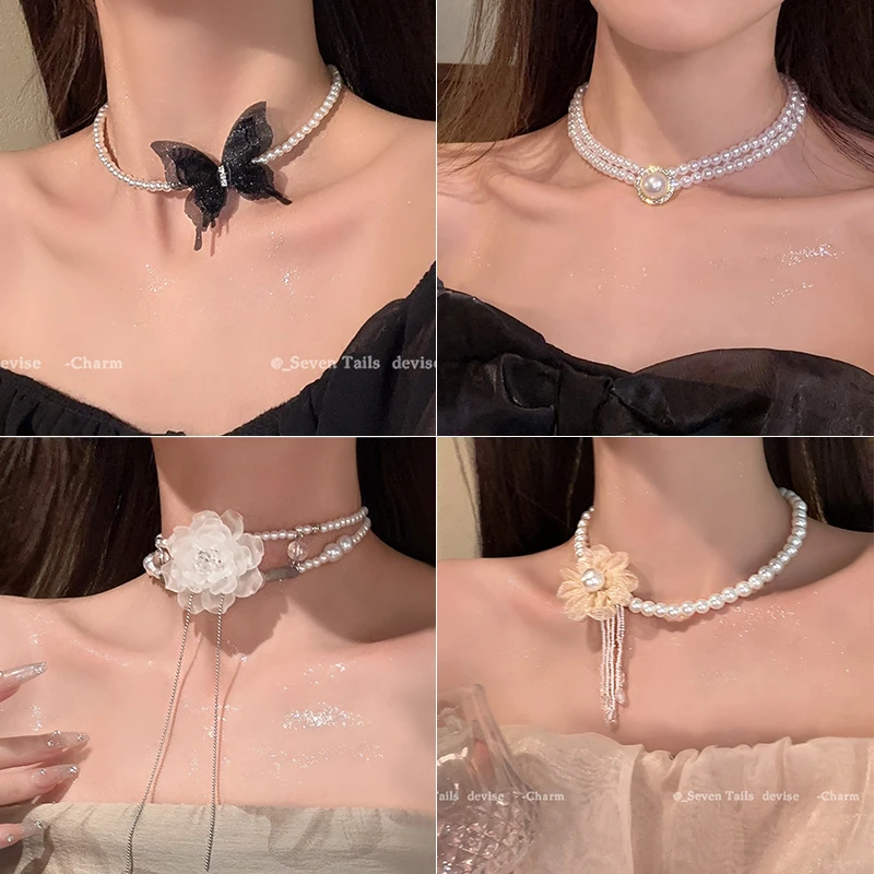 超仙法式蕾丝花朵流苏项链女2025新款气质珍珠锁骨链小众设计颈链