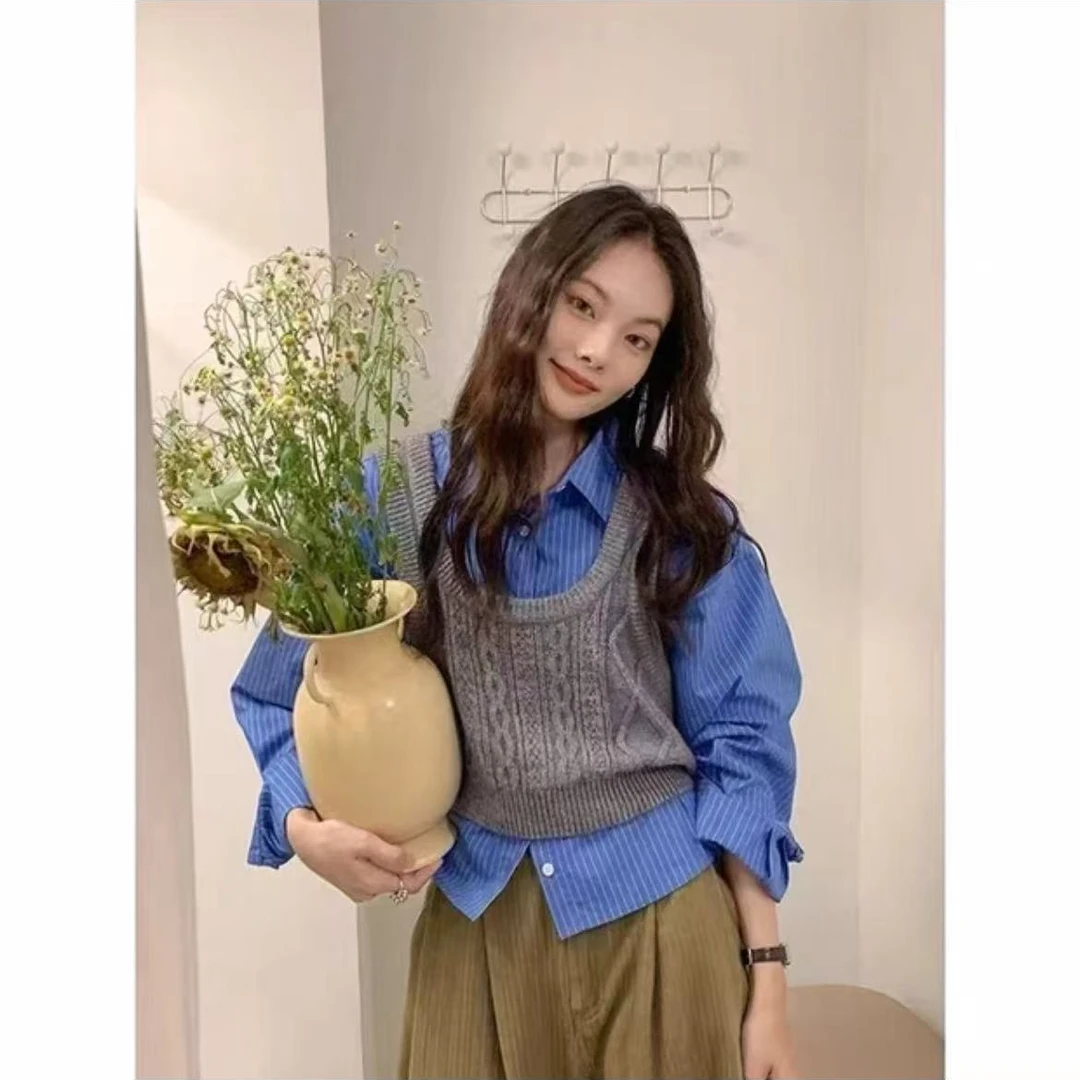 18771#新款学院风真两件套针织条纹翻领衬衣修身短款上衣