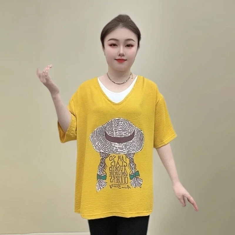 夏季短袖-草帽图T恤假两件宽松大版260斤显瘦减龄时尚洋气上衣女