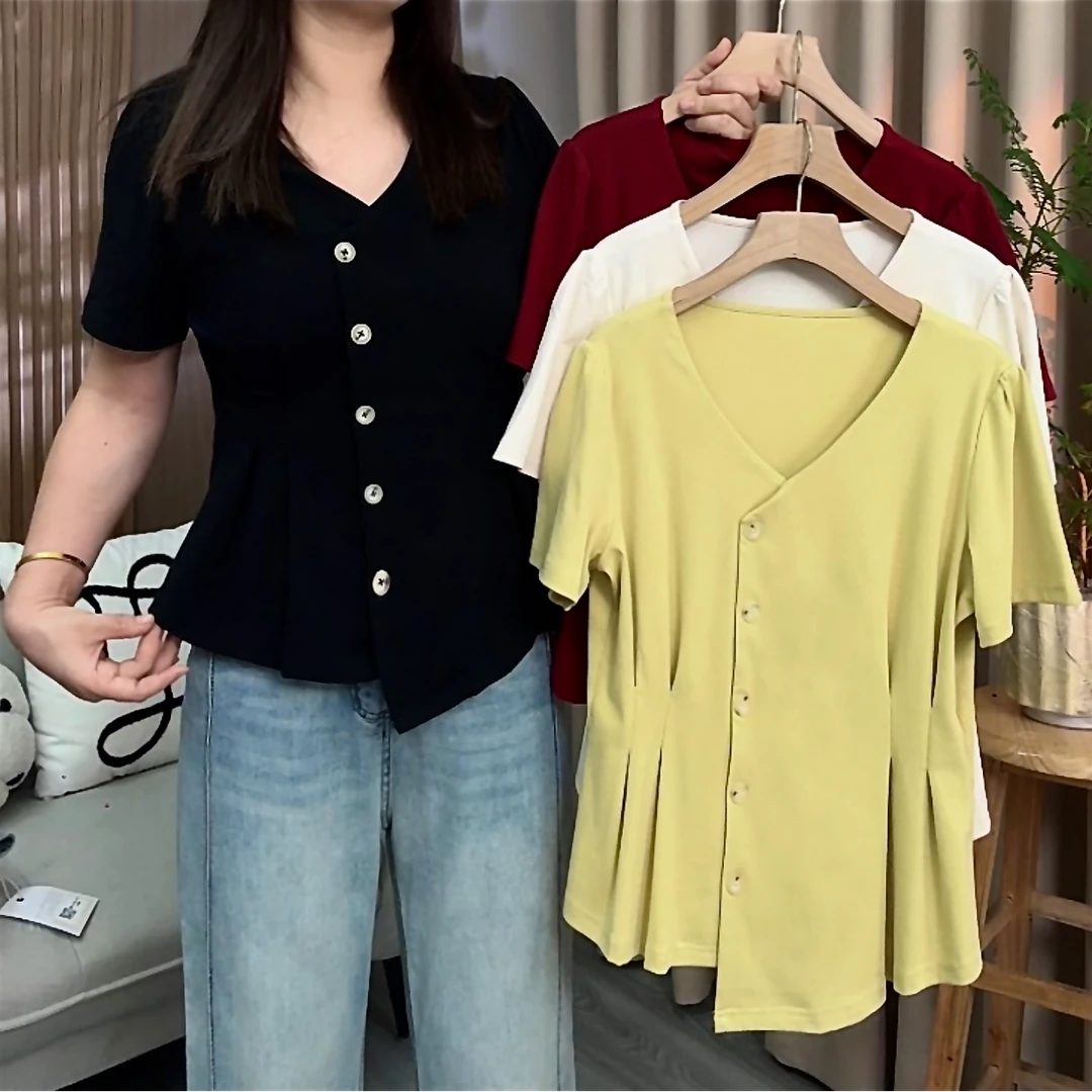 【依依1】2025新款大码收腰宽松正肩短袖上衣微胖V领夏季遮肚棉T恤