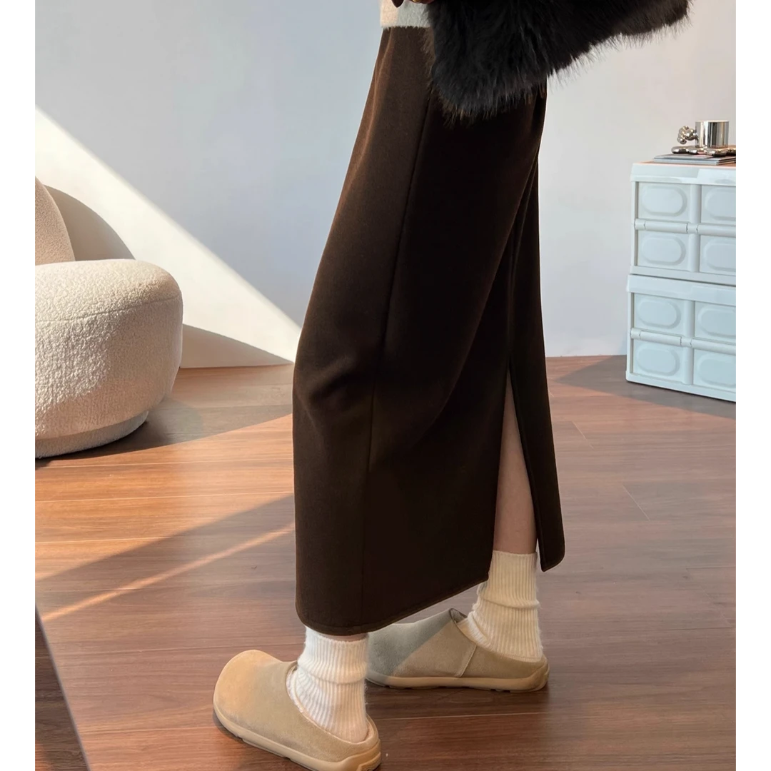 秋冬简约高级感美拉德咖色包臀直筒羊毛裙韩系休闲中长款半身裙女