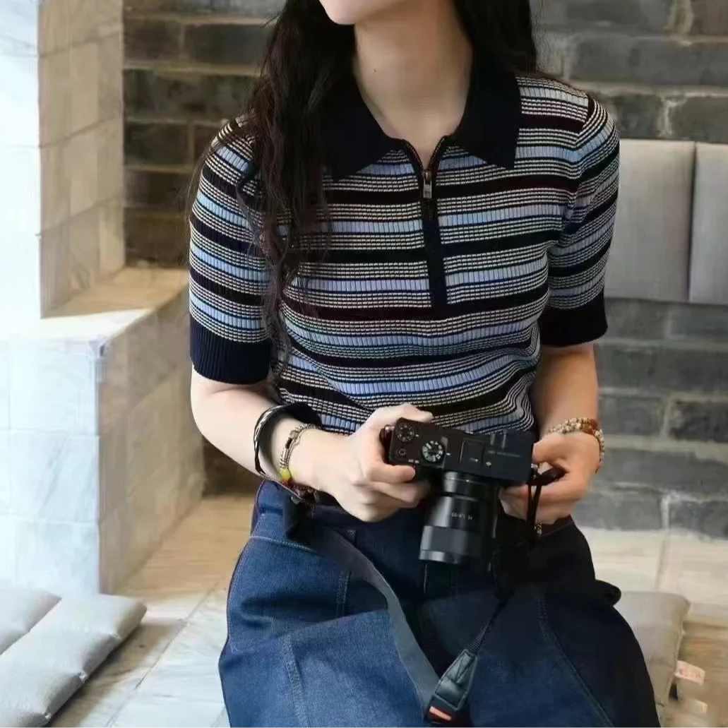 宝丫轻奢  T女式复古翻领撞色条纹显瘦短袖针织衫上衣K2826