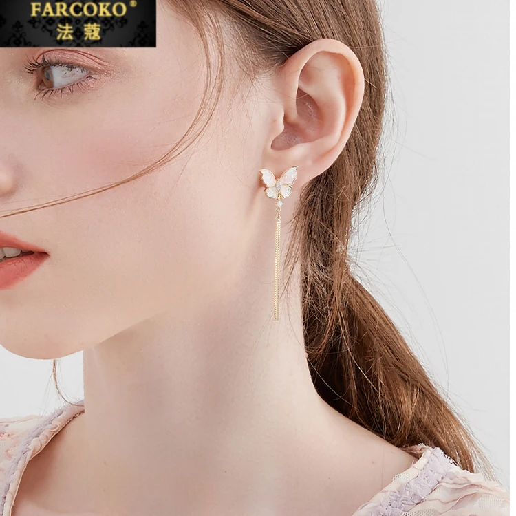 FARCOKO/法蔻 925银耳饰 仙气蝴蝶流苏方圆脸耳饰轻奢感长款耳坠