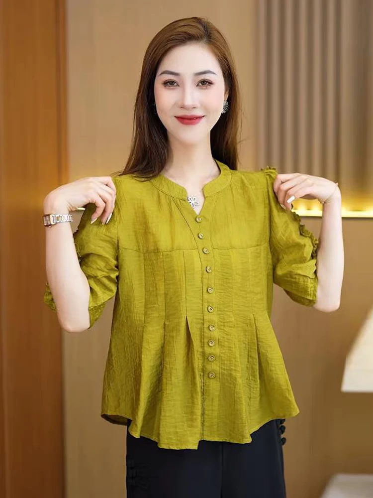 夏季休闲宽松衬衫女2025新款韩版时尚百搭遮肚子显瘦中袖小衫上衣