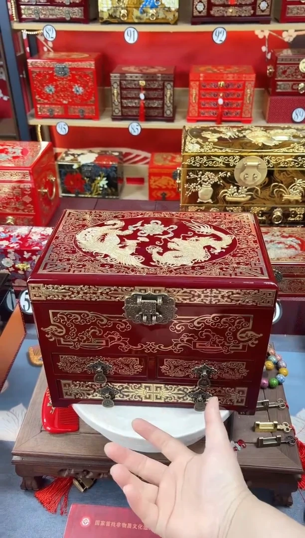 【闪购商品】28厘米新款四层三抽掐丝螺钿镶嵌酒红龙凤