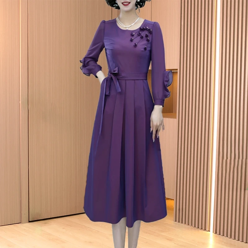 紫色气质高级感长袖连衣裙女士2025早秋新款十三行喜婆婆长袖长裙