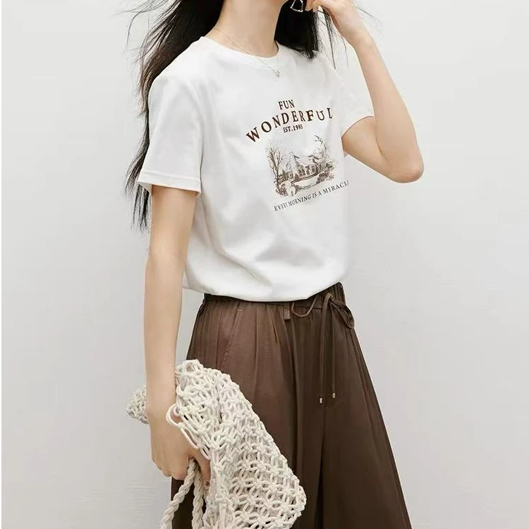 法式复古简约舒适百搭圆领字母短袖T恤H6880