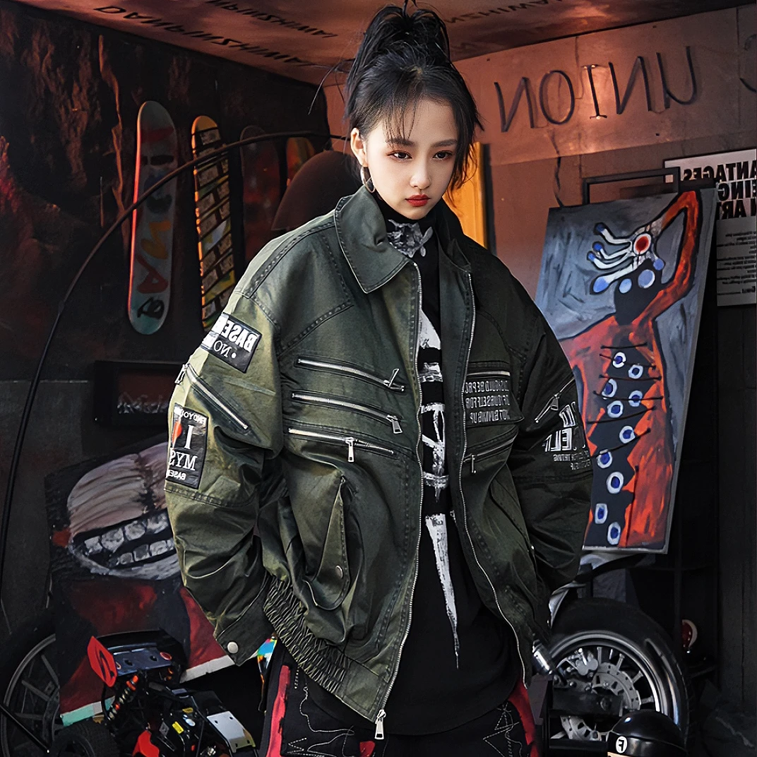 秋冬情侣款水洗贴布刺绣宽松短款棒球领保暖棉服外套潮流时尚百搭