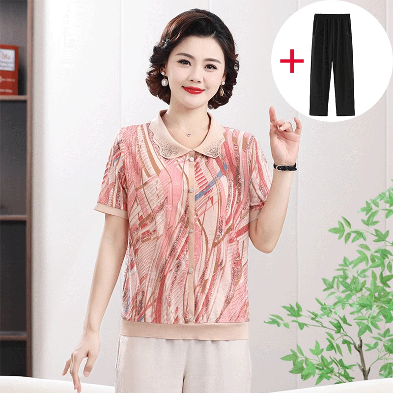 中年妈妈装夏装套装两件套中老年女装短袖T恤老人奶奶宽松大码