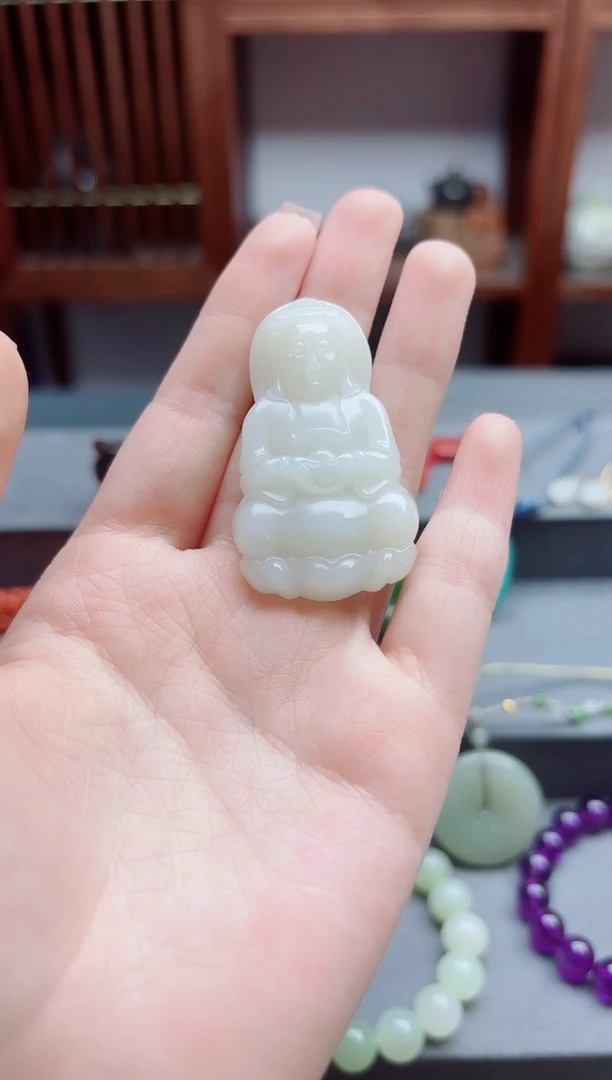 和田玉未镶嵌颈饰白玉观音吊坠YD编绳