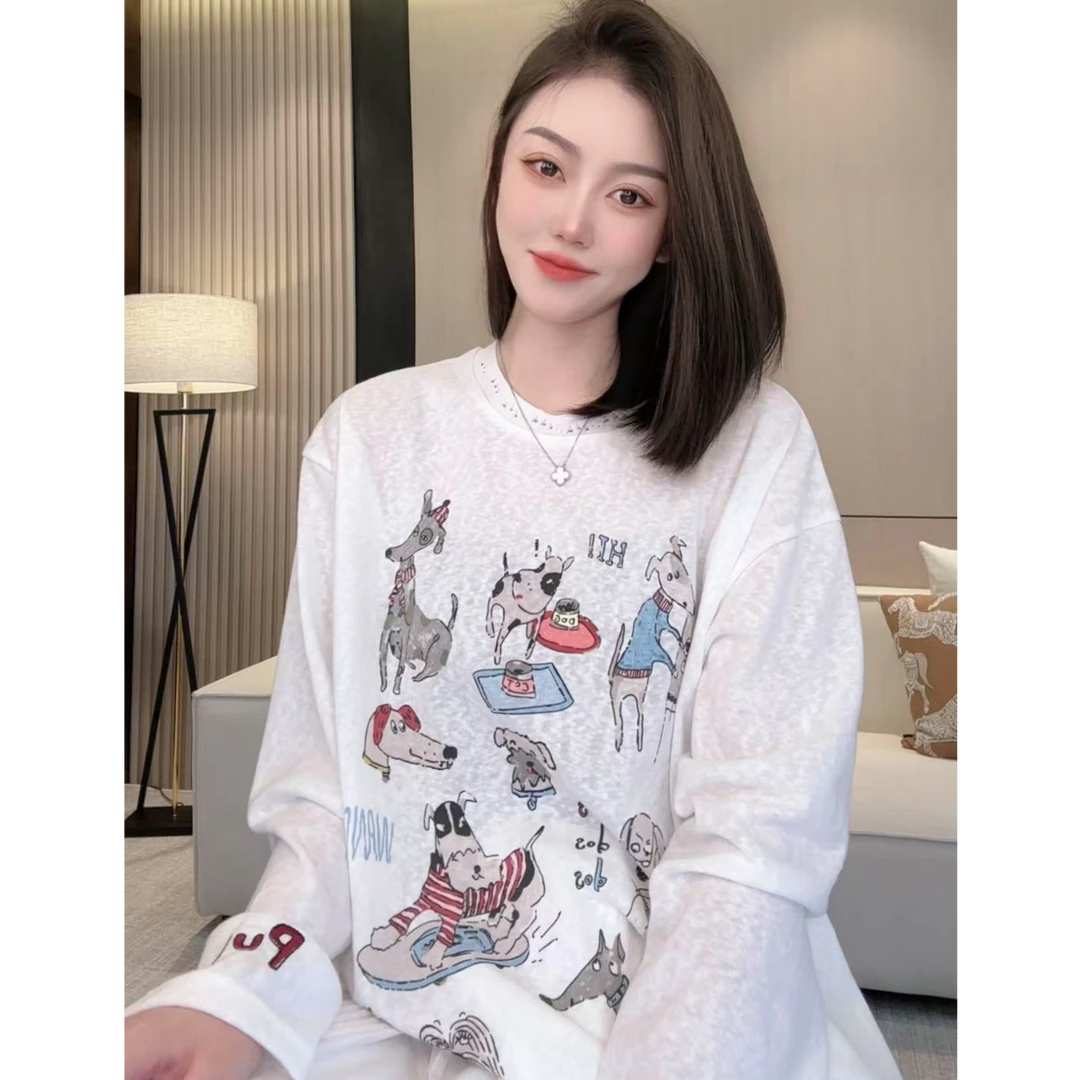 【AILIN】长袖时尚宽松印花圆领重工卡通T恤