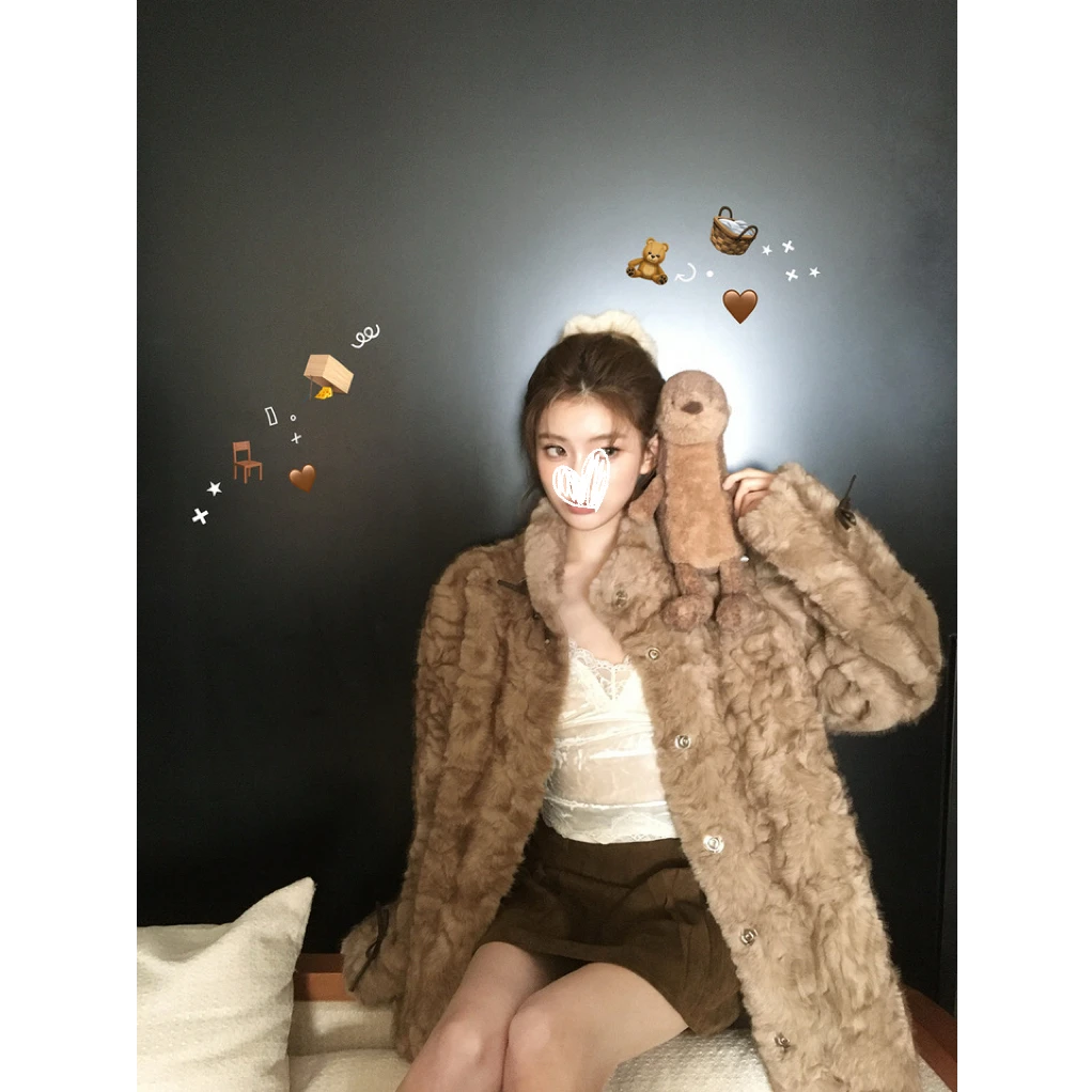【小熊心事】立领染尖皮毛一体女冬慵懒休闲环保皮草外套