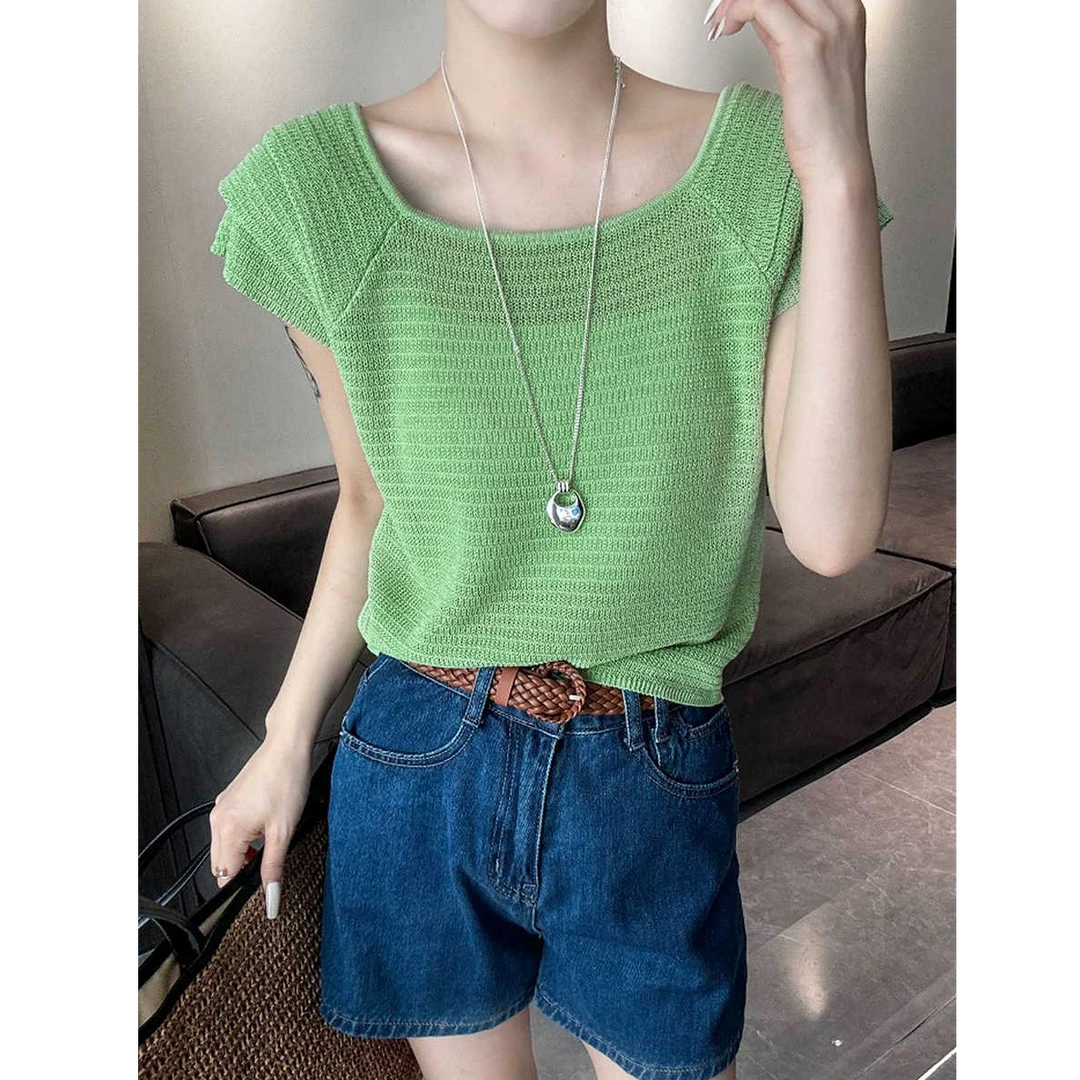 牛油果绿显白飞飞袖亚麻冰丝针织衫女修身短款外穿薄款凉爽配裙子