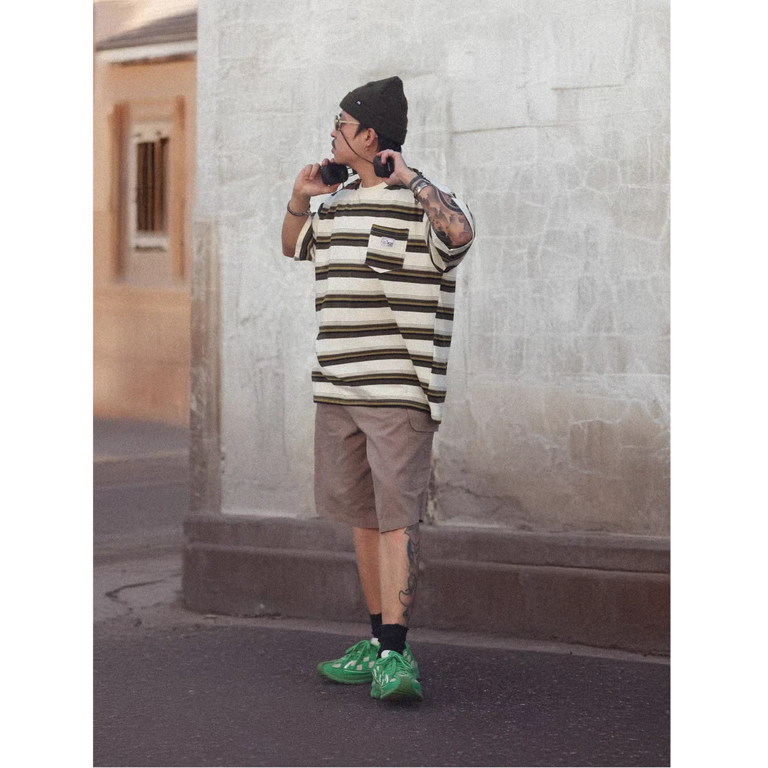 男士撞色条纹t恤短袖潮牌夏季衣服上衣体恤衫