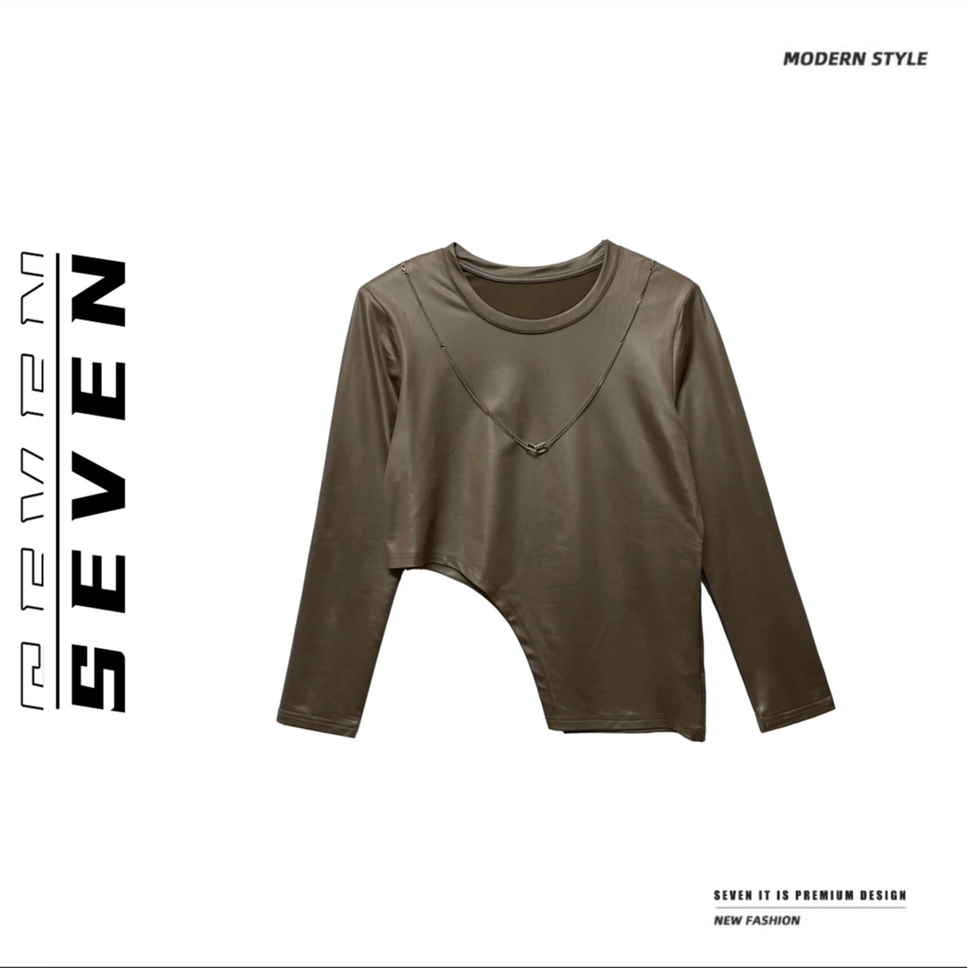 【SEVEN】2025新款高级感时尚不规则下摆定制哑光仿皮套头上衣