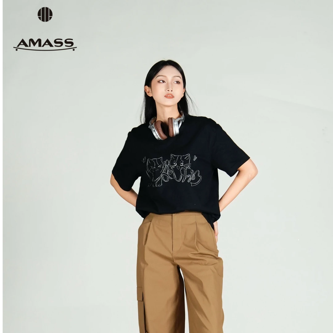 AMASS/阿玛施新款春夏时尚休闲百搭简约印花短袖圆领T恤女 530088