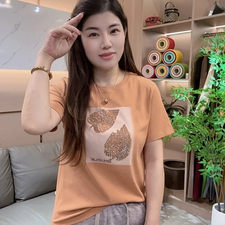 怡特美新款洋气时尚印花烫钻树叶显瘦遮肉宽松圆领短袖t恤256616