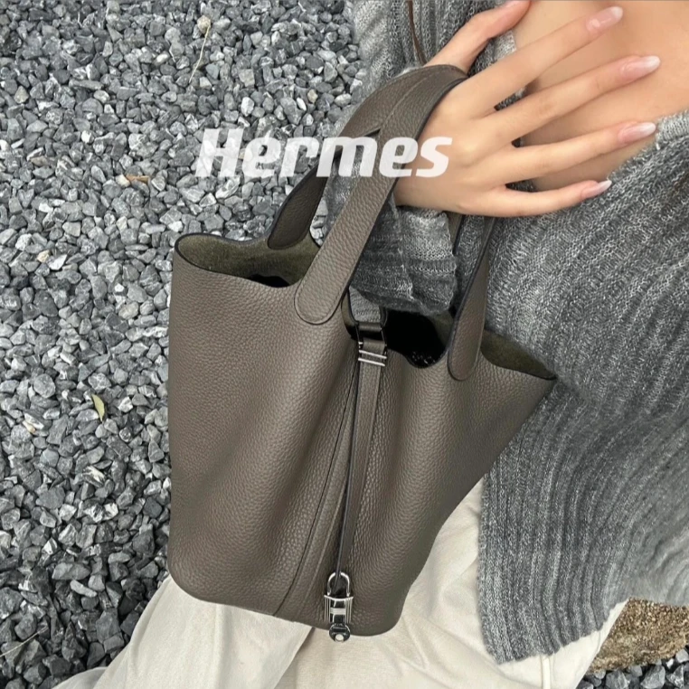 99新 Hermes/爱马仕 菜篮子22锡器灰手柄银扣tc皮Y手提包