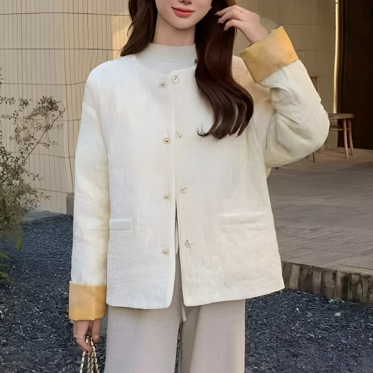 【锦衣服饰】QLH 9993圆领撞色提花盘扣羽绒外套