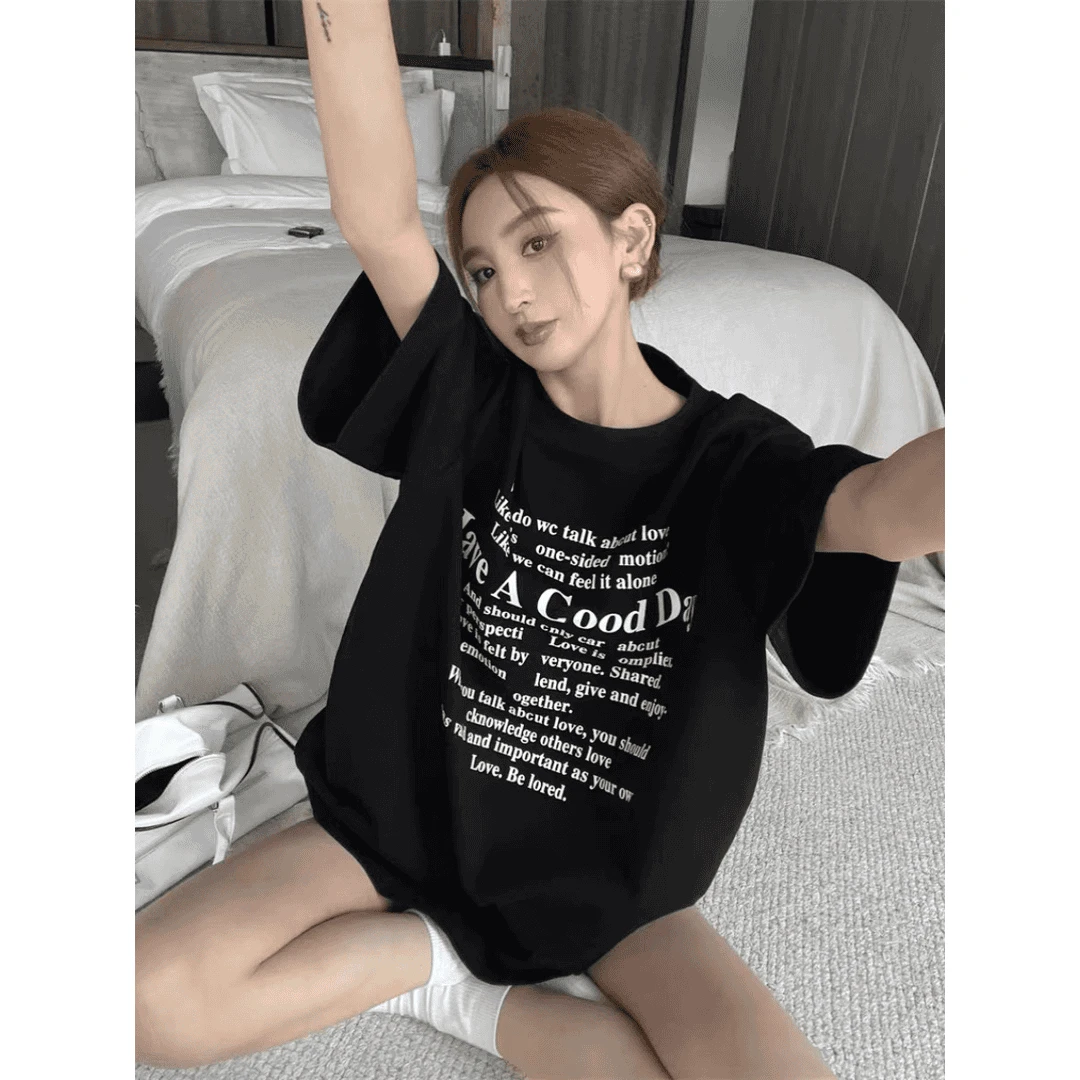 美式辣妹黑色纯棉休闲T恤女大码胖mm宽松慵懒港风中长款小众ins潮
