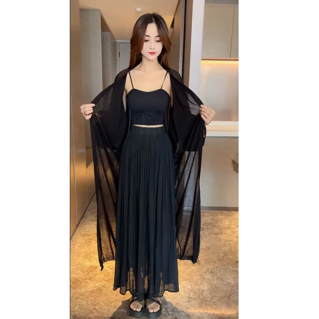 名媛风气质洋气薄款外披外套女中长款显瘦百褶雪纺半身裙潮