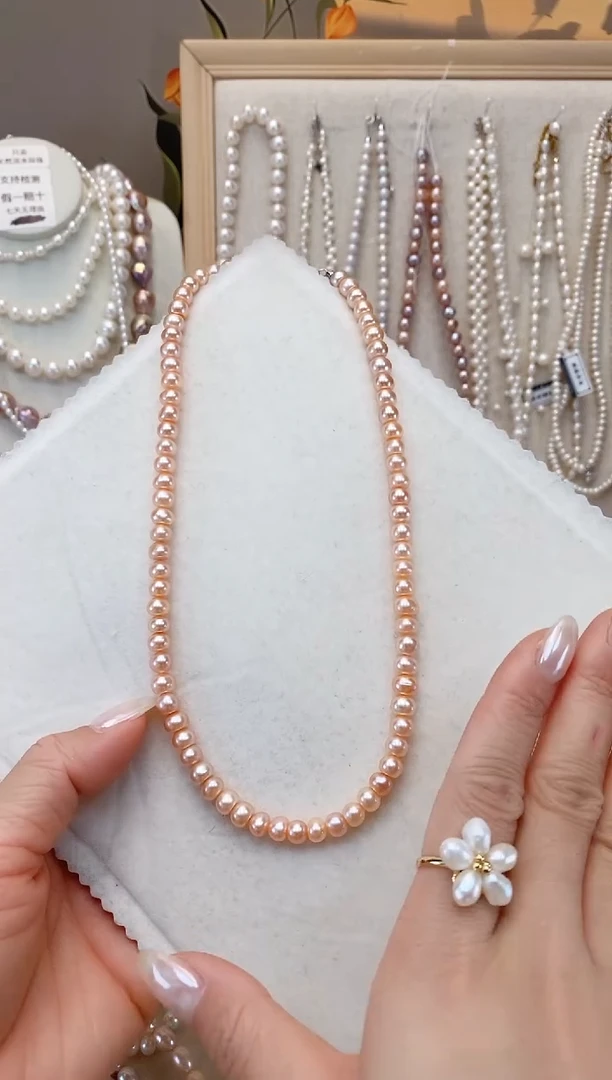 【闪购商品】淡水珍珠项链银S925镶嵌粉金算盘珠 6-6.5MM