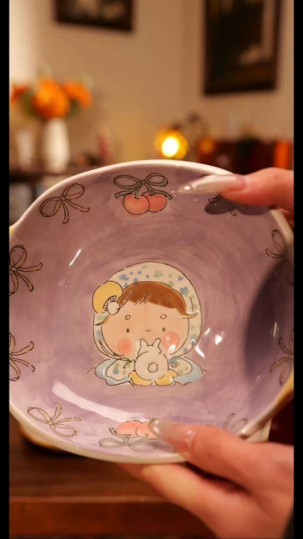 陶便携款阿满蘑菇盘   手绘釉下彩