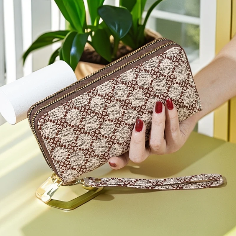 复古风拉链字母手抓包长款多功能放手机印花简约韩式钱包女士