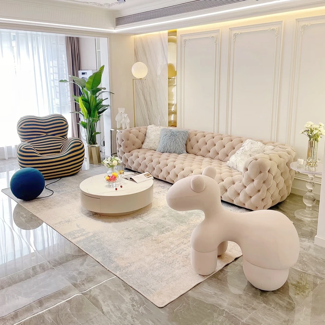 意式轻奢异形月球表面布艺沙发皮艺北欧法式复古艺术拉扣美式沙发