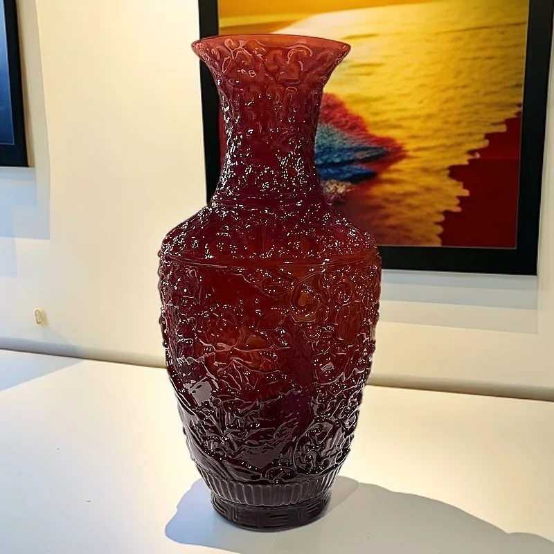 红牡丹艺术花瓶刻花雕花高级轻奢桌面插花摆件