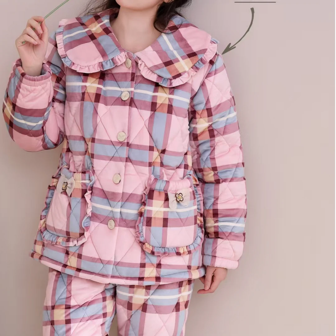 （报喜莱）冬季厚款三层夹棉格纹女睡衣套装加厚亲肤可外穿