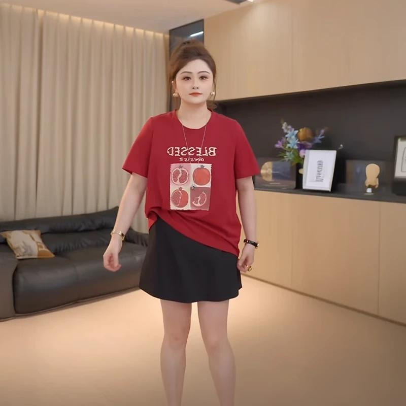 胖佳大码女装圆领印花短袖正肩T恤女夏新款胖mm显白遮肉百搭上衣