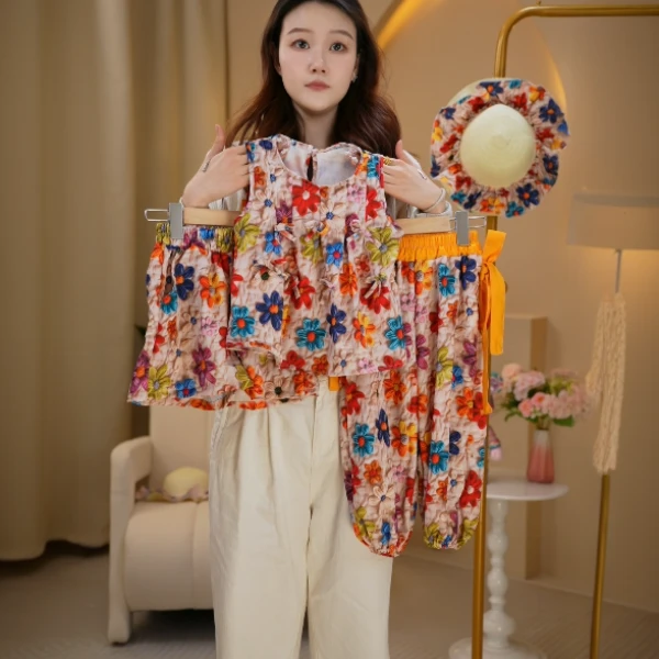 甜柚kids 缤纷花瓣 儿童夏季新款七彩花瓣休闲田园风时尚套装