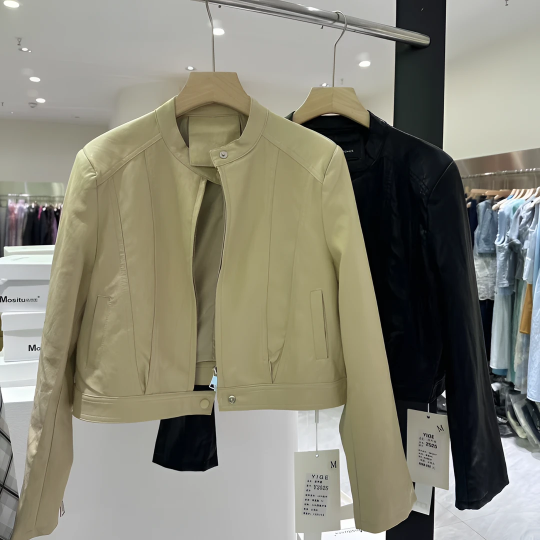 常规韩版通用春季皮衣百搭插肩袖皮夹克立领修身型