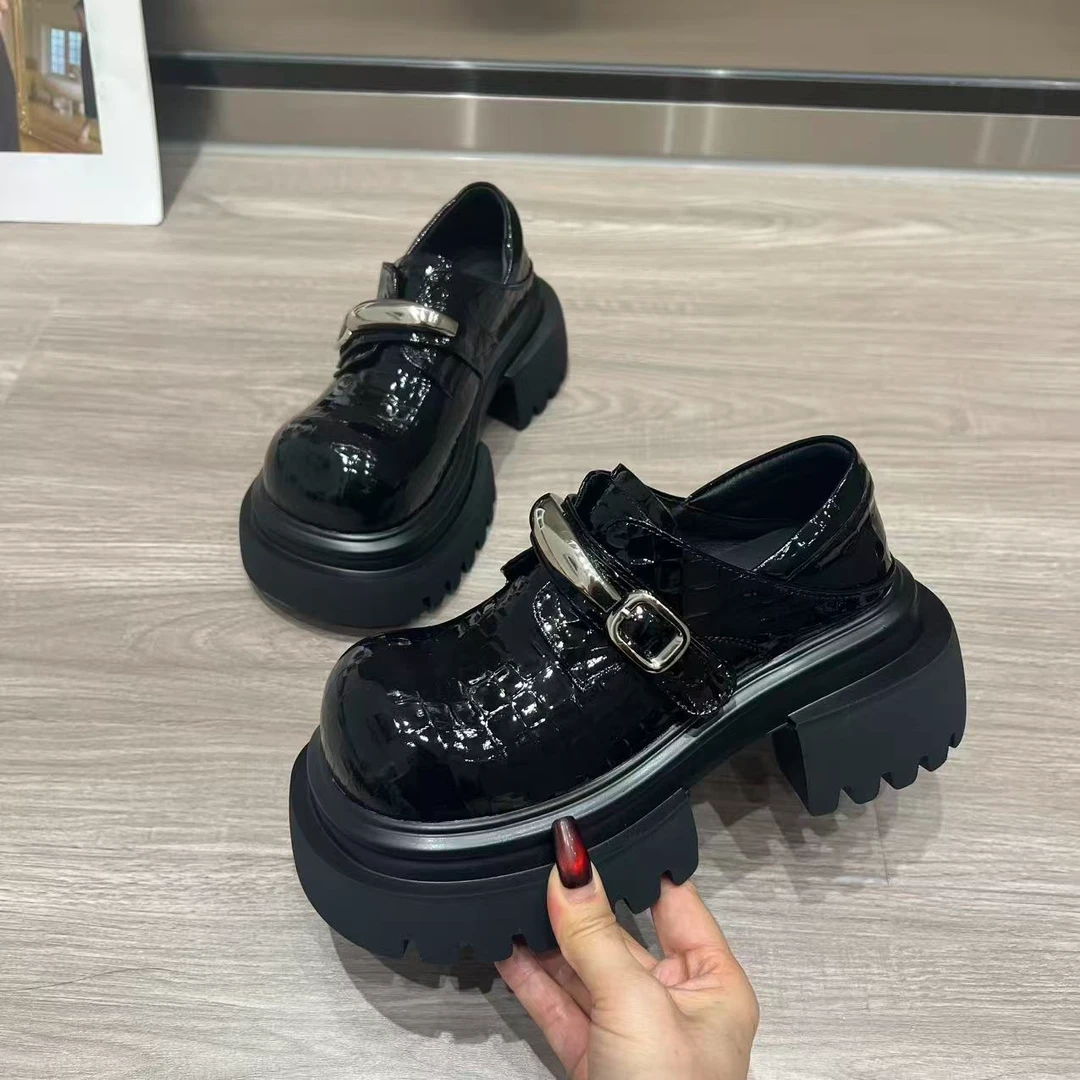 厚底增高棕色魔术贴乐福鞋女2025秋金属扣英伦风乐福鞋懒人大头鞋