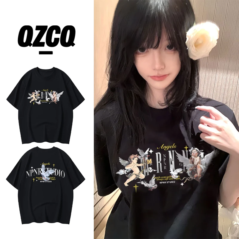 QZCQ美式复古小众休闲宽松百搭夏季短袖女T恤慵懒设计潮上衣圆领
