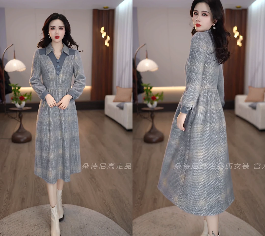 2025冬款翻领气质精致加厚优雅高贵名媛宽松中长款连衣裙M-4XL