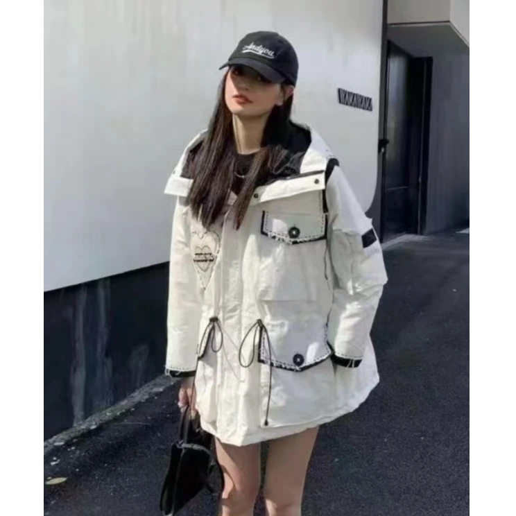 冬季新品时尚百搭中长款连帽收腰保暖工装外套羽绒服23052（D6-8）