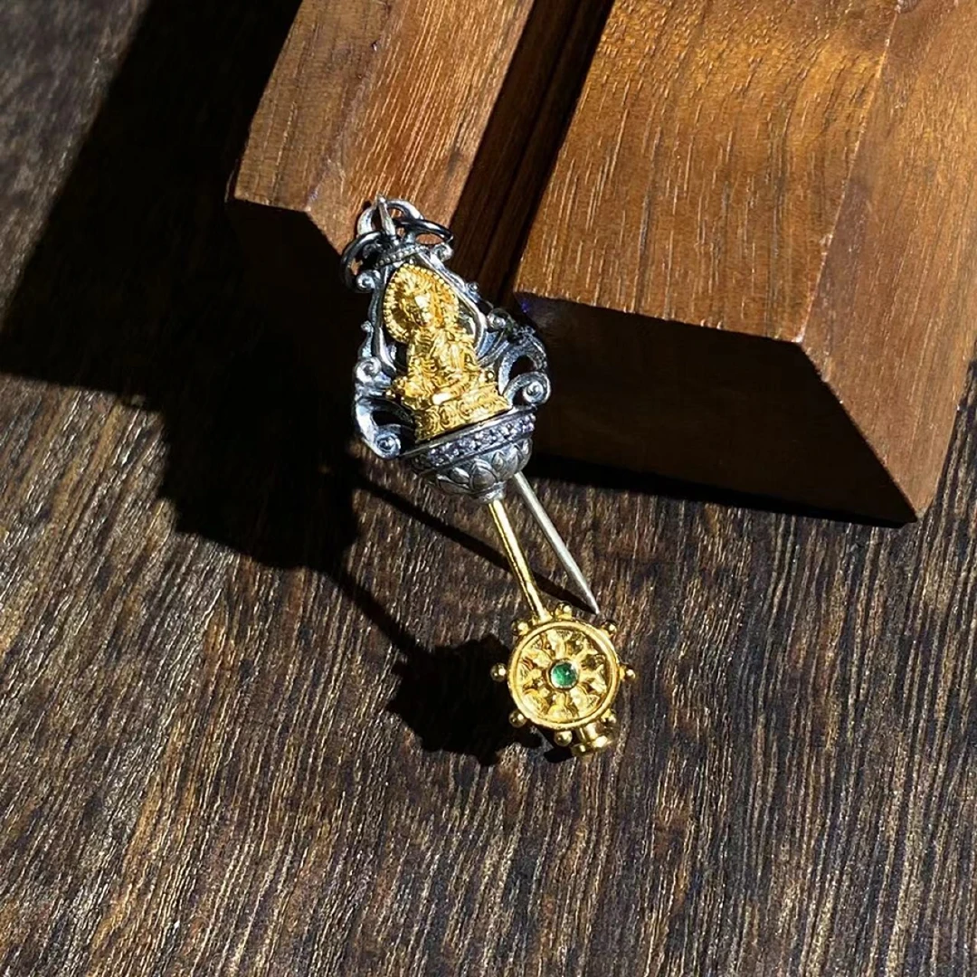 吊坠925银 【两米·古瓦定制·金转轮莲台Y在】银饰胸针颈饰YS-GJ069