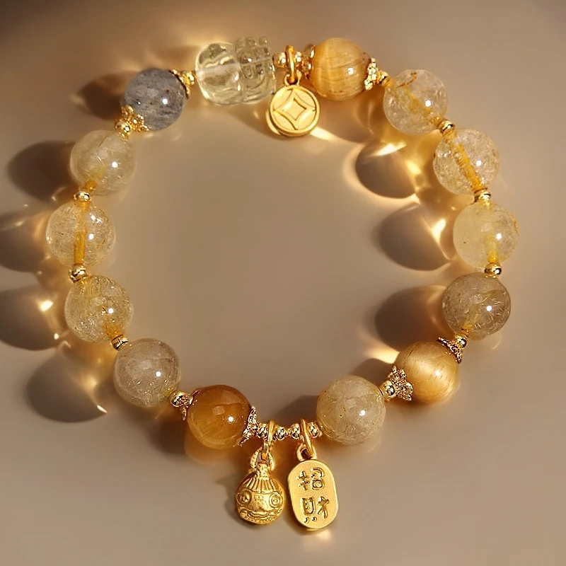 天然金发晶水晶月光石女手链吞金兽虎眼石手串财富石送闺蜜带证书