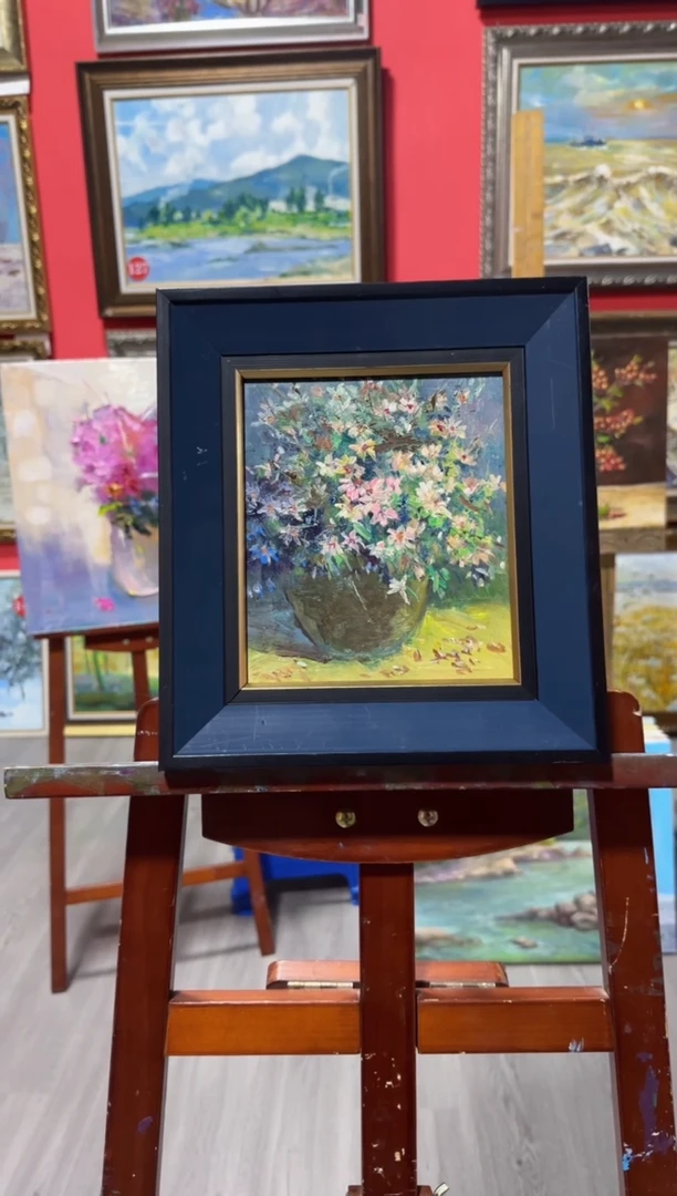 油画俄罗斯手绘油画作品《 洋甘菊 》25x28cm 带外框