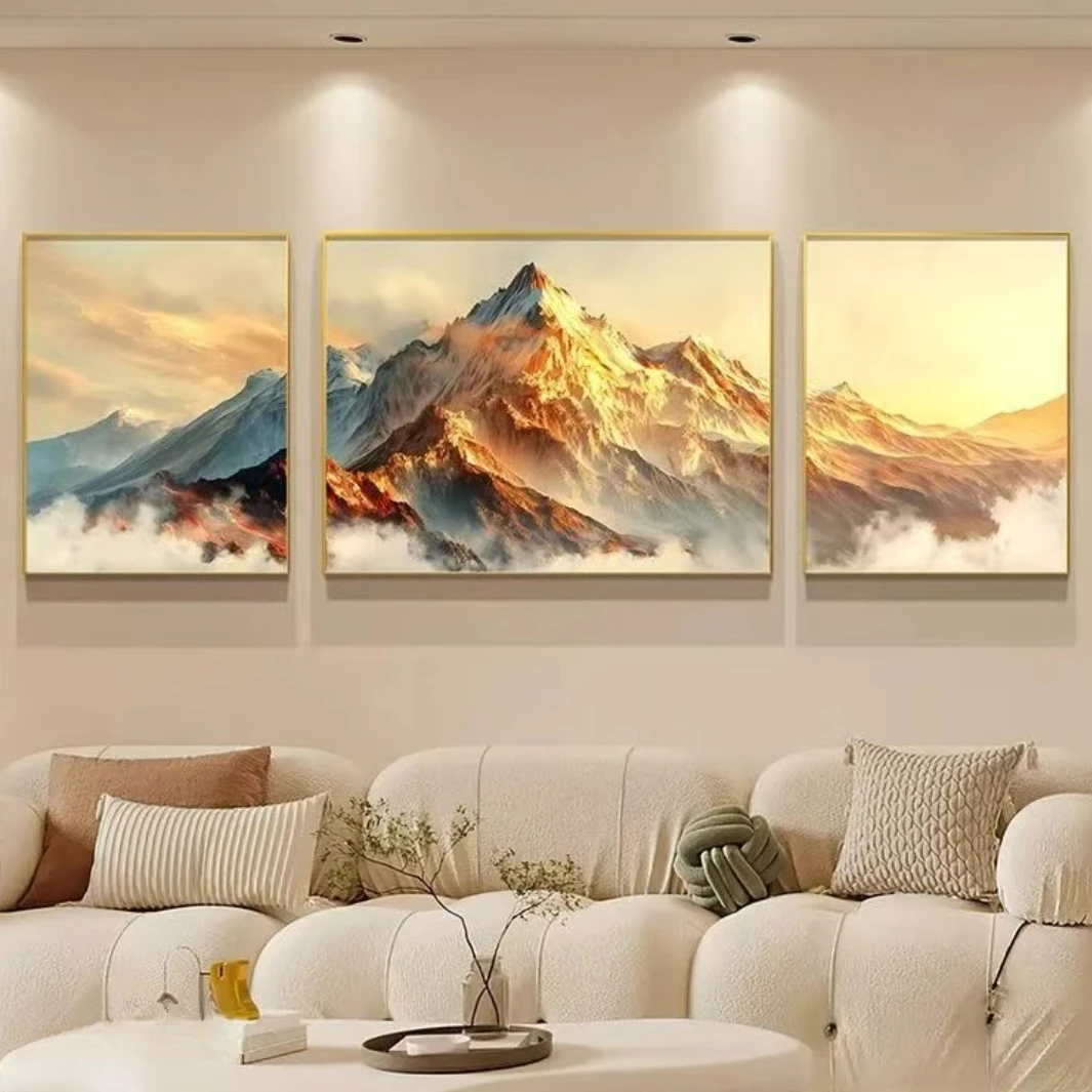 《三联·日照金山》砂岩肌理感装饰画玄关餐厅床头高端大气客厅