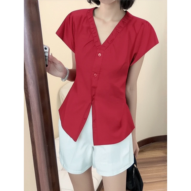 轻奢高级感女人味独特绝美漂亮大方得体小香风红色v领衬衫超好看