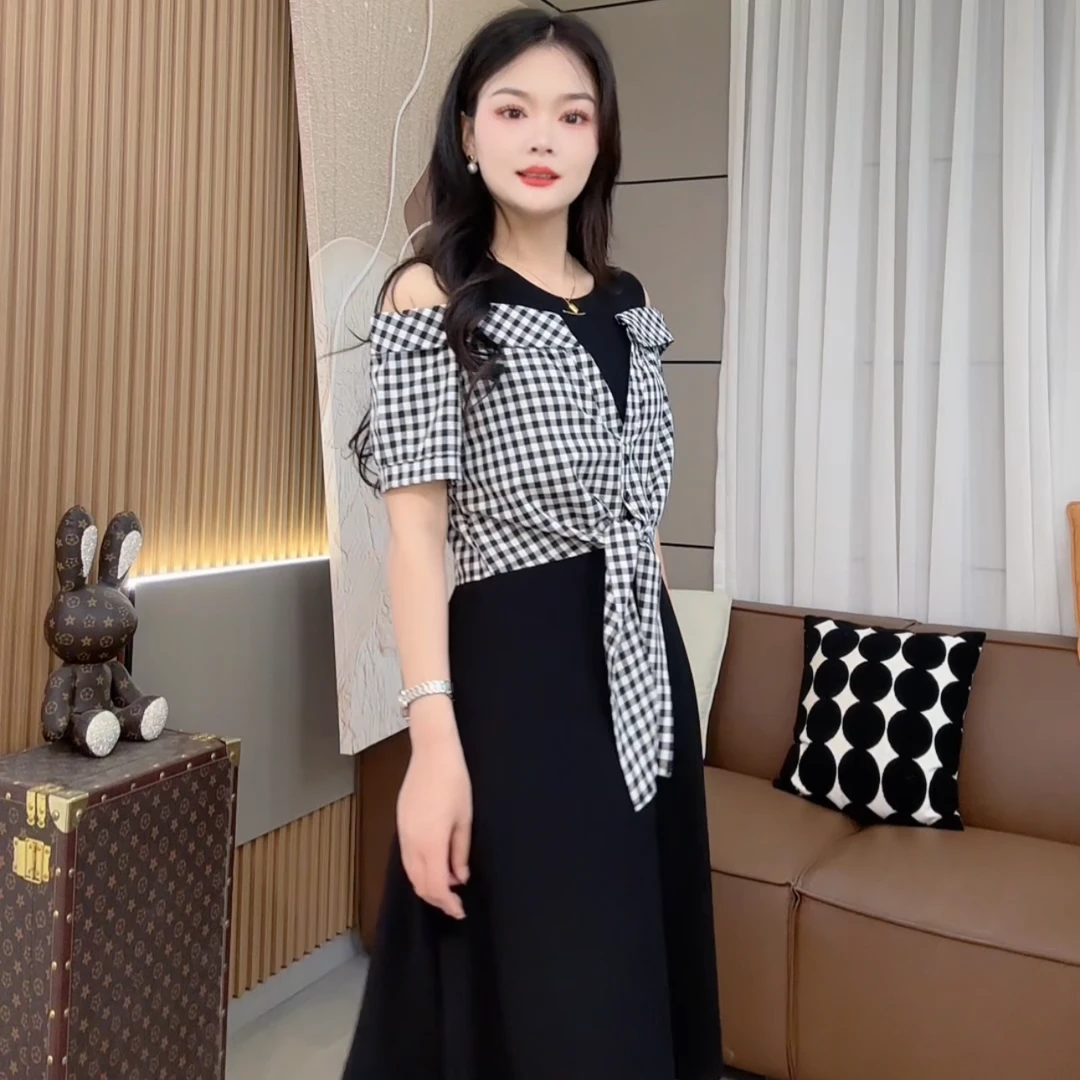 假两件格子衬衫连衣裙女夏季大码胖mm显瘦遮肚设计感露肩中长裙子