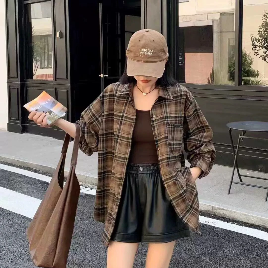 918新款小众港风撞色格纹防晒衬衫套装女