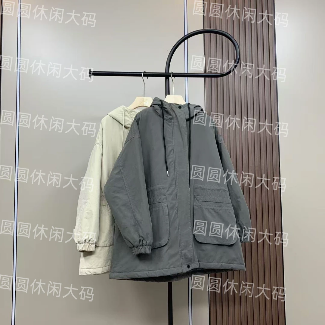 【圆圆家】2024年时尚百搭冬季夹棉棉服外套女士纯色大码女装抽绳